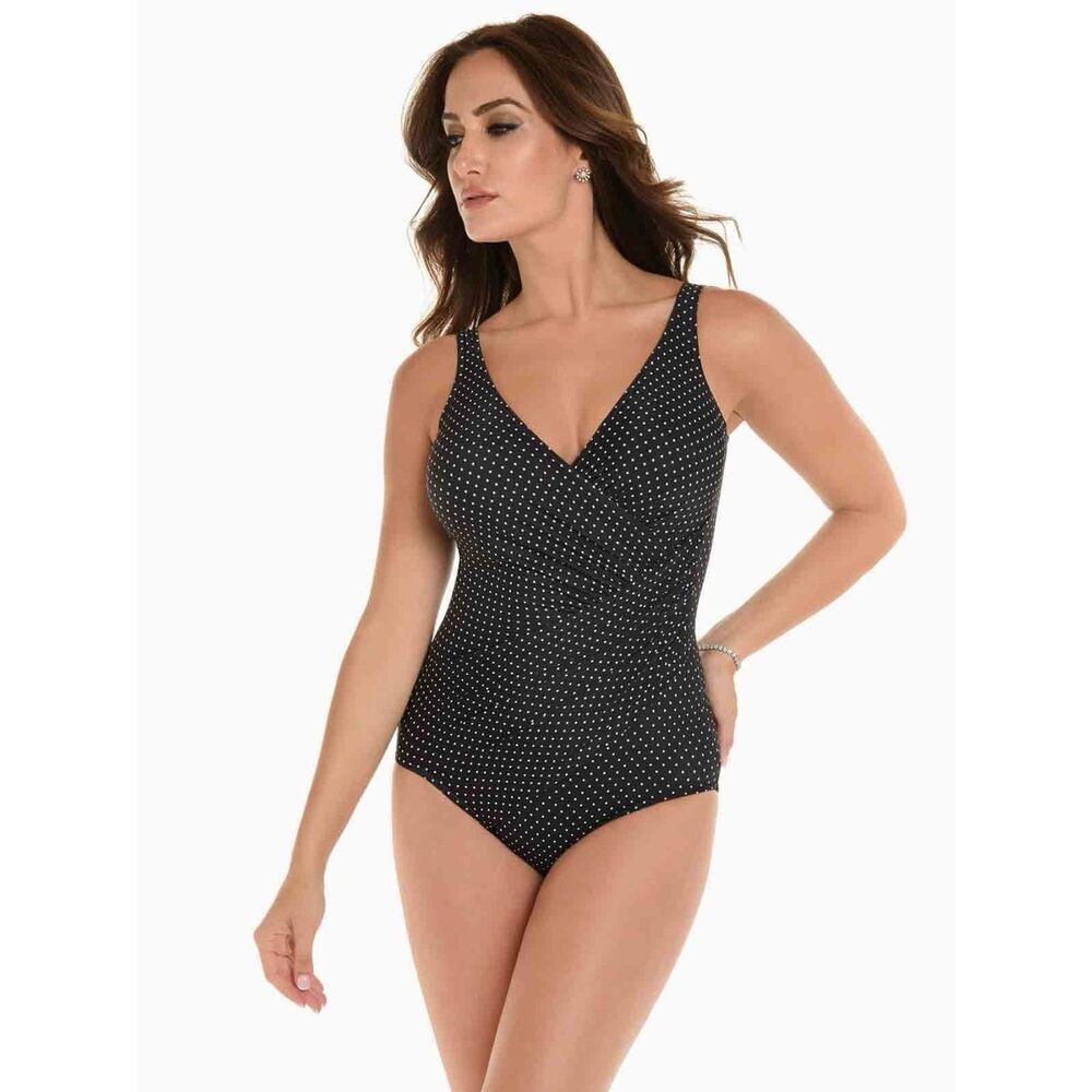 Miraclesuit Black Pin Point Polka Dot Oceanus Slimming One Piece Sz 16 Chic Pool